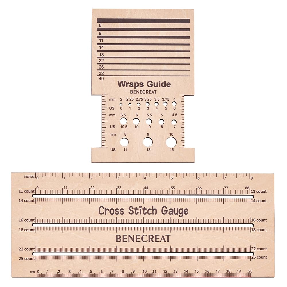 BENECREAT 2Pcs Wooden Knitting Measuring Tools Set, Wraps Guide Cross Stitch Gauge Board Knitting Needle Gauge Knitting Tool for Count Stitches Spinners Yarn Measuring Crochet Accessories