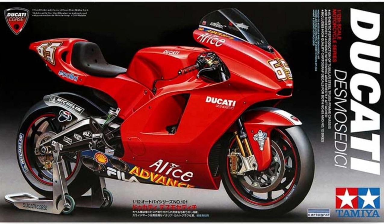 TAMIYA 300014101 Ducati Vehicle 300014101-1:12 Desmosedici No. 65 MotoGP'03, Faithful Replica, Plastic Kit, Crafts, Model Kit, Assembly, Unpainted, Multi-Coloured