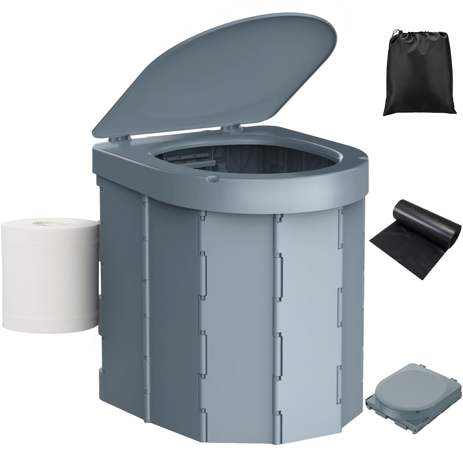 Photo 1 of Portable Camping Toilet, Folding Toilet for Adults with Lid and Retractable Toilet Paper Holder, Waterproof Porta Potty with Carry Bag and Disposible Liners for Hiking, RV Travel, Road Trips?Dark Gray