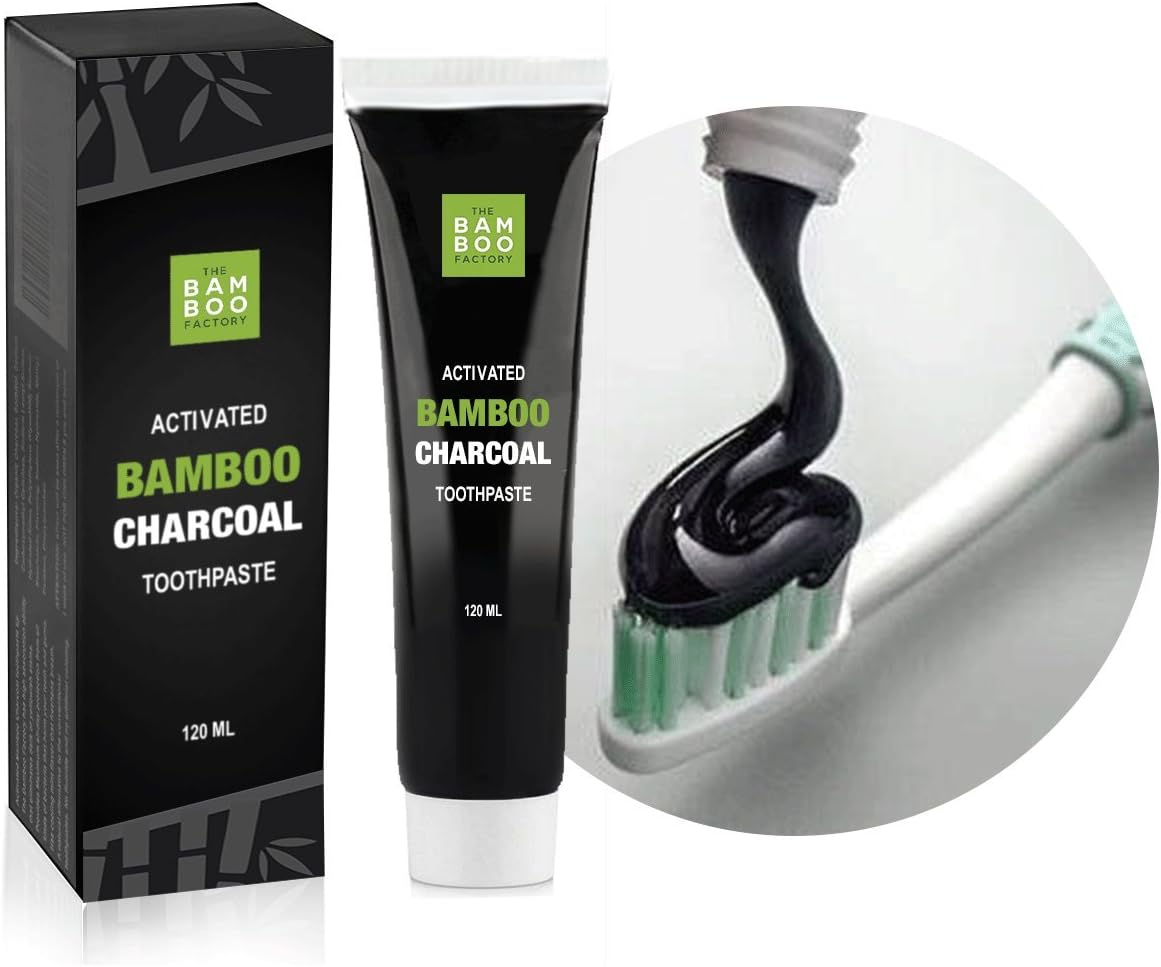 The Bamboo Factory Charcoal Teeth Whitening Toothpaste - Non Abrasive No Fluoride Instant Whitener and Stain Remover - Mint Flavour, 120ml