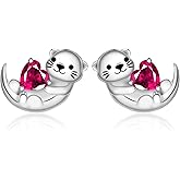 Cute Otter Earrings for Women - 925 Sterling Silver Birthstone Sea Otter Stud Earrings Cute Animal Stud Heart-Shaped CZ Hypoallergenic Jewelry Gift