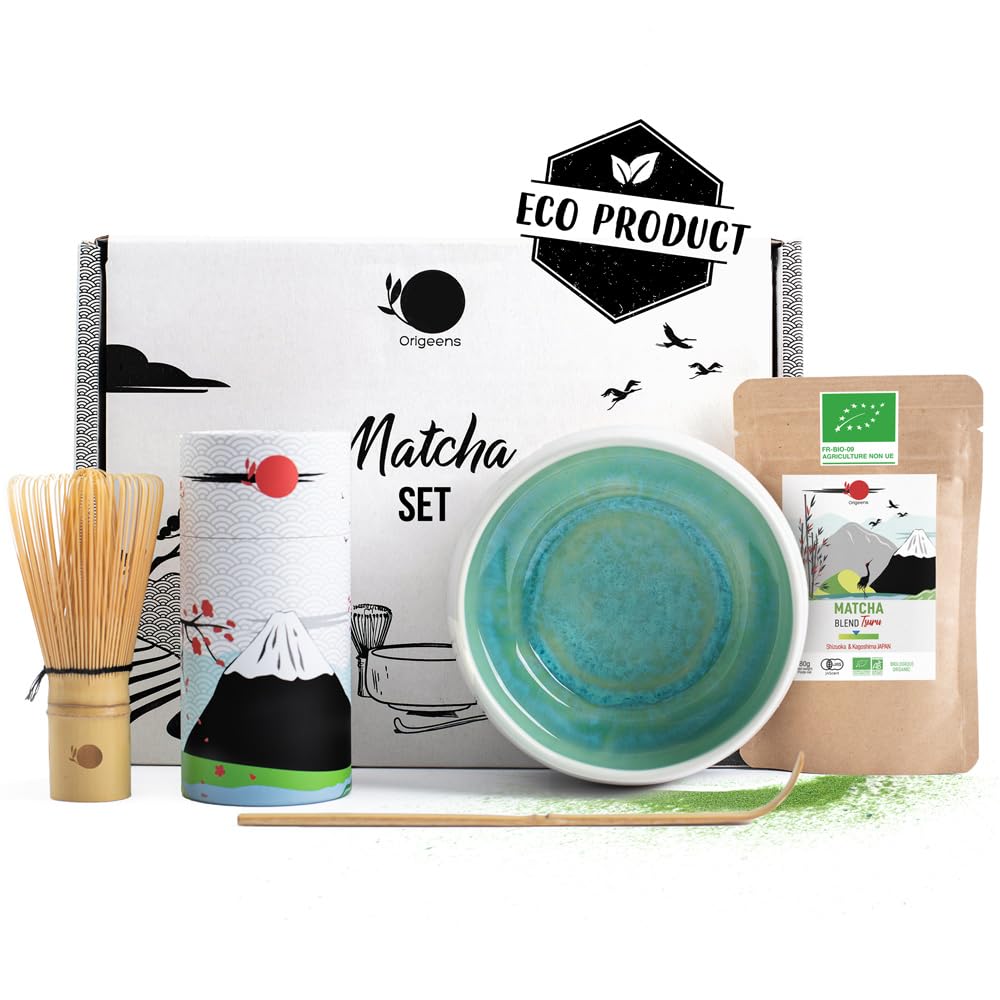 ORIGEENS Matcha Set Jade - Handcrafted Matcha Bowl (Europe), Organic Japanese Matcha Tea Included, Chasen Whisk, Bamboo Spoon | Matcha Kit Gift Set