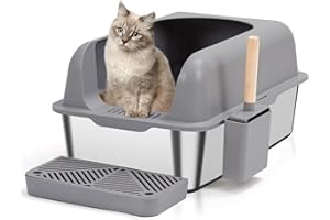 PAXYEET Enclosed Stainless Steel Cat Litter Box with Lid Extra Large Litter Box for Big Cats XL Metal Litter Pan Tray with High Wall Sides Enclosure, Non-Sticky, Anti-Leakage, Easy Cleaning (Dark Grey)