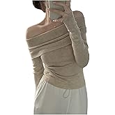 GORGLITTER Women's Off The Shoulder Sweater Dressy Casual Old Money Clothes Foldover Long Sleeve Knit Sweaters Tops