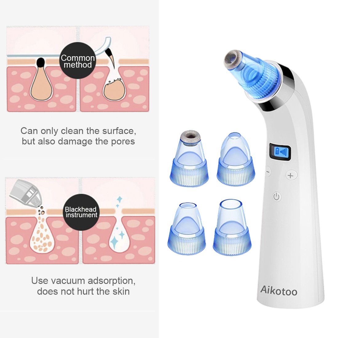 Blackhead Remover Blackhead Vacuum Cleanser, AIKOTOO Pore Vacuum Suction Remover—Blackhead Extractor Tool Set with 4 Replaceable Suction Heads, Facial Blackhead Vacuum …