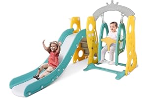 DOLLATE Ultimate 4-in-1 Toddler Slide Swing Set - Adjustable Height, Safety Swing, Slide, and Basketball Hoop - Indoor and Outdoor Fun for Kids 1-12 Years Old