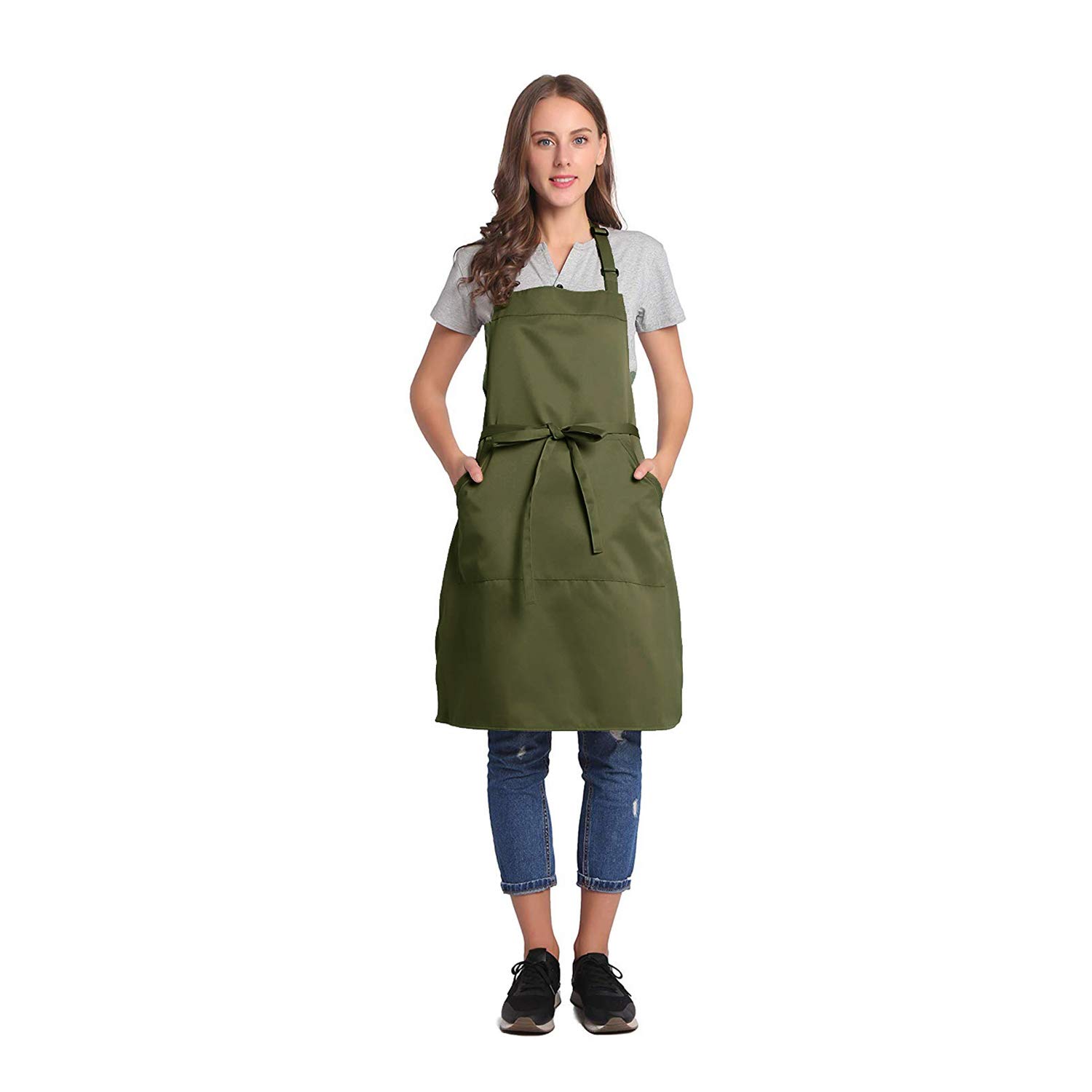 BIGHAS Adjustable Bib Apron with Long Ties for Women Men 18 Colors Chef Kitchen Cooking (Bronze Green)