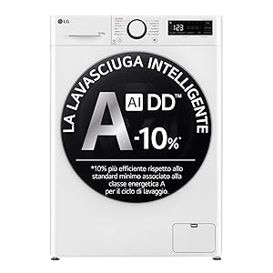 LG AI DD D4R5010TSWS Lavasciuga 10 / 6kg Serie R5 Classe A-10%/D, Lavatrice e Asciugatrice Insieme, 1400 giri, TurboWash360, Steam, Eco Hybrid, Allergy Care, Motore Inverter Direct Drive, Bianca