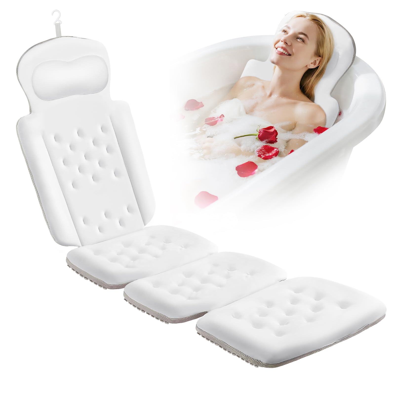 Photo 1 of Full Body Bath Pillow, Luxury Bath Cushion with 192 Suction Cups, Bath Pillows for Tub for Head and Neck Support, with Laundry Bag White, 63" x 16"