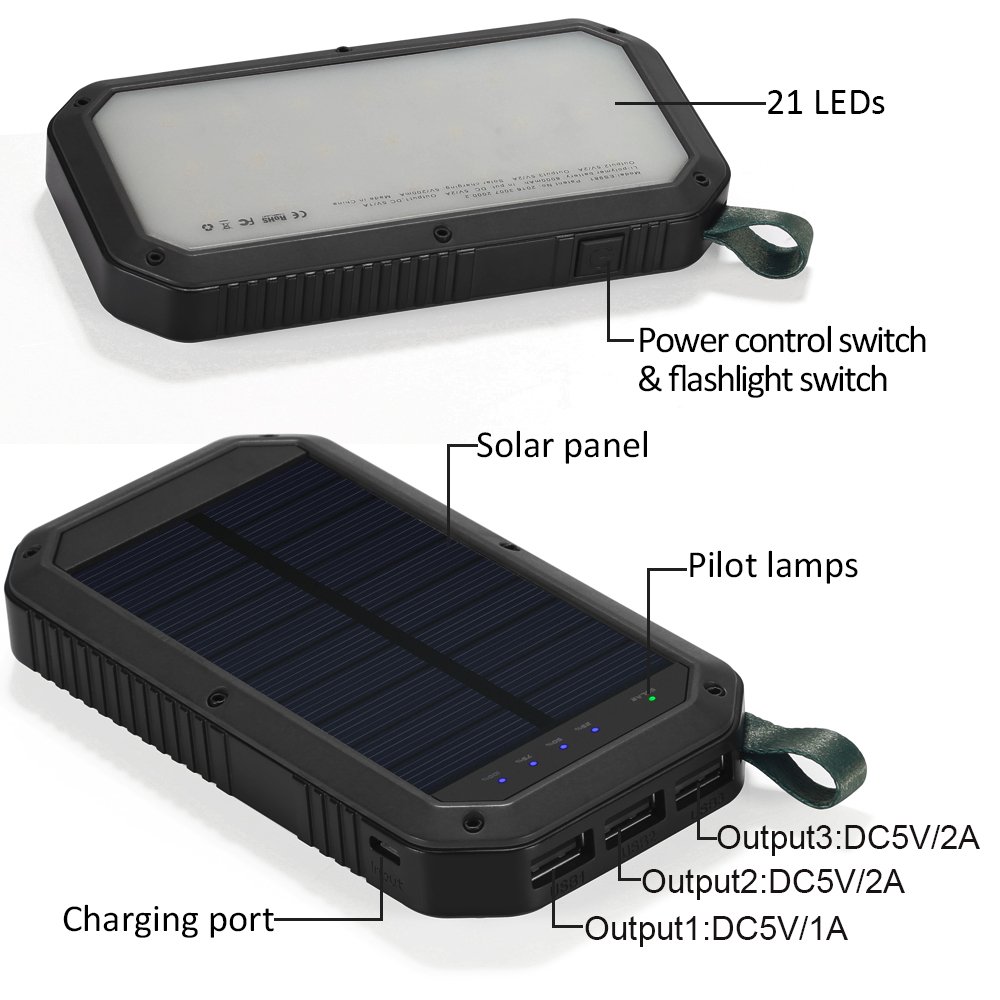 Solar Charger, 8000mAh 3Port USB and 21LED Light Solar Power Bank