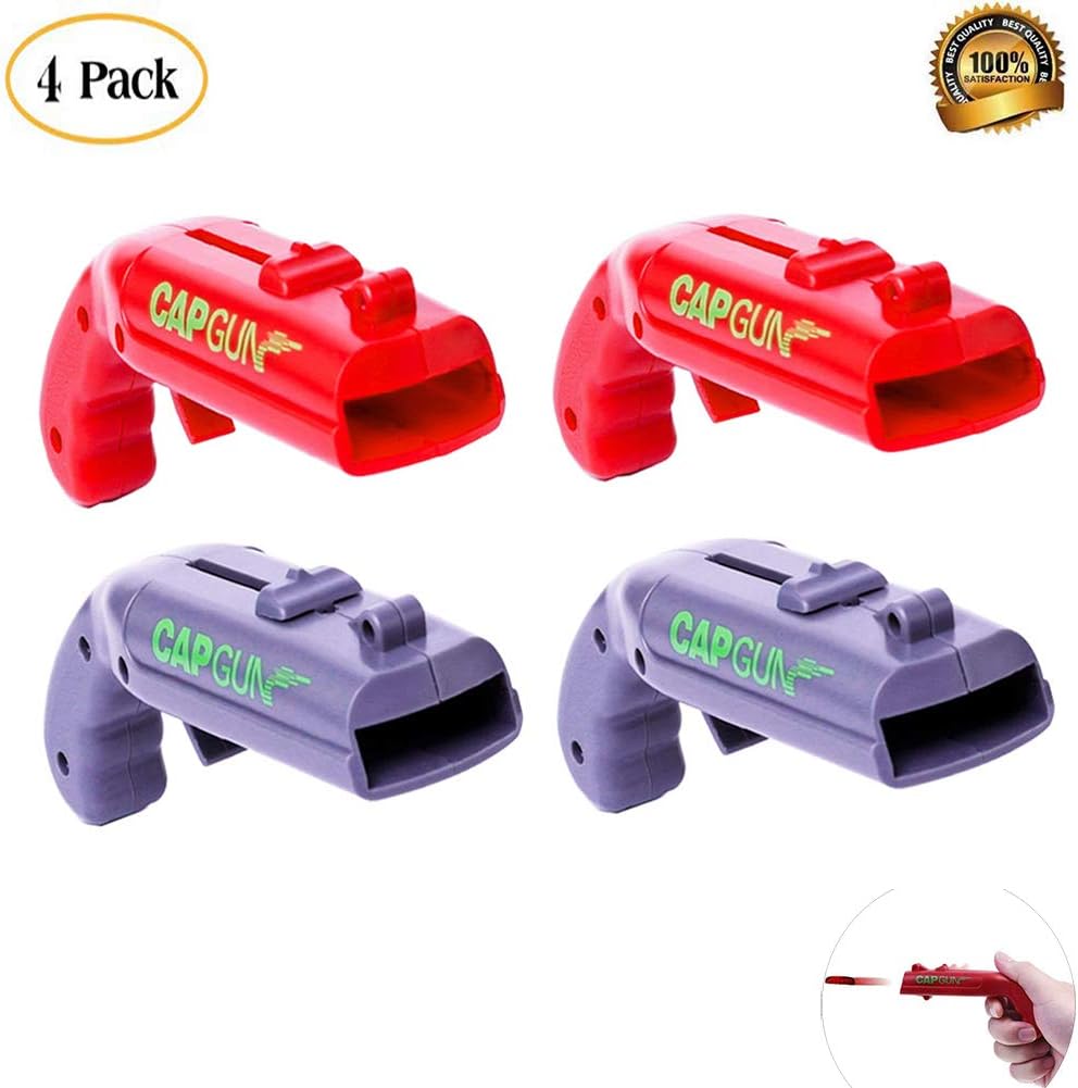 4 Pack Bottle Opener Creative Bottle Opener Cap Gun Plastic Beer Bottle Opener Cap Launcher Shooter for Home Bar Party Drinking Game (Red and Grey)