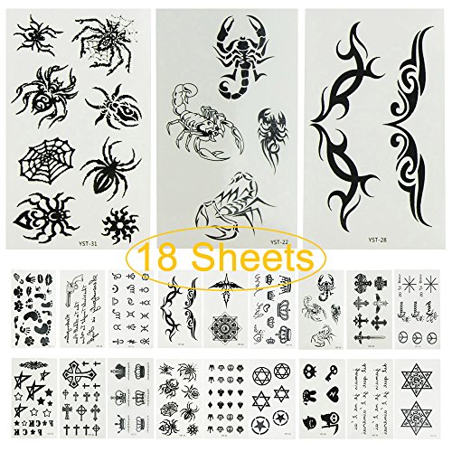 [18 Sheets] [For Kids Girls Women Men] Small Size Fashion Unisex Pattern Removable Waterproof Temporary Tattoos Paper Body Art Stickers Spider Sword Paw Print Letters Gun Stars Cross Crown Quotes etc