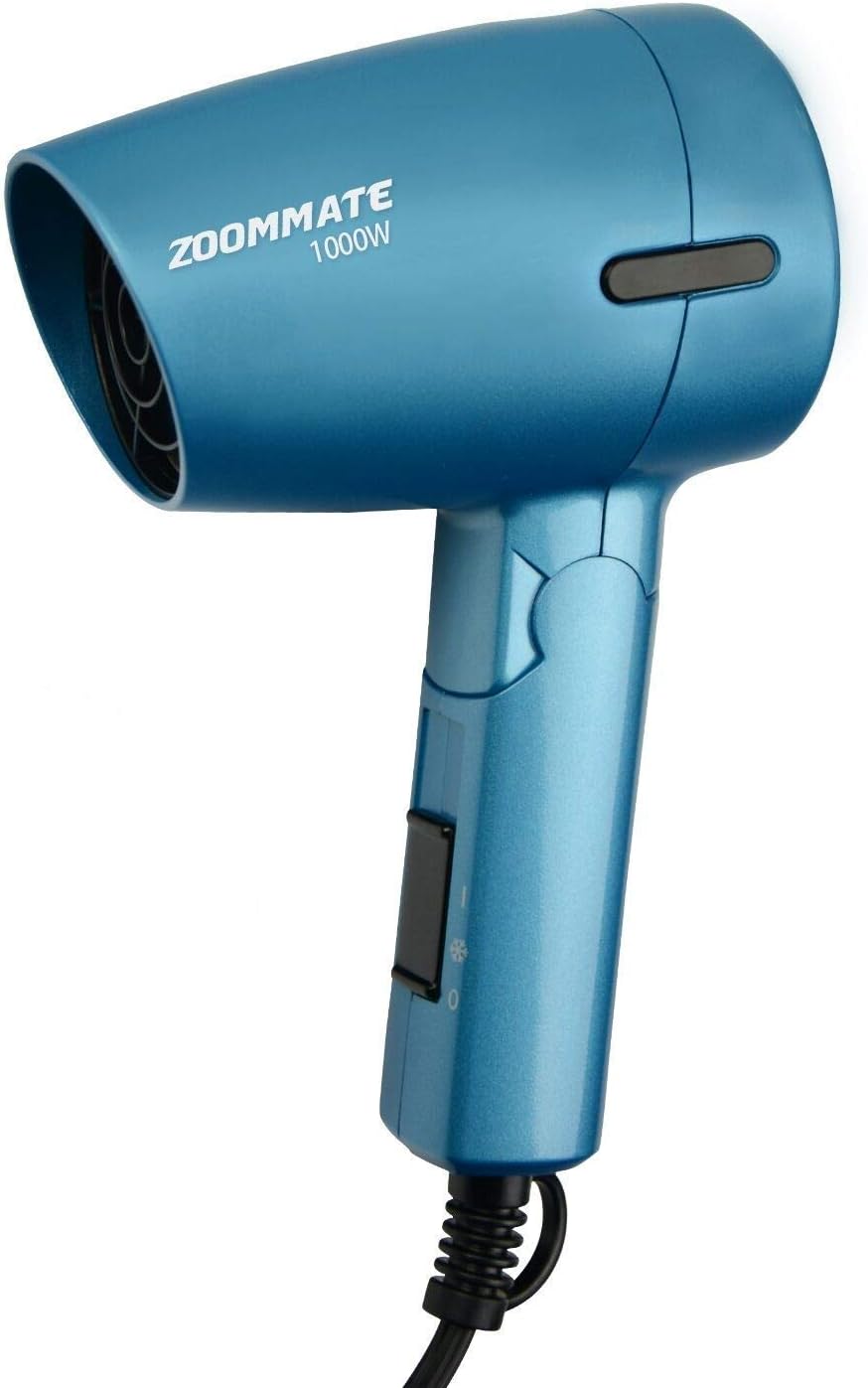 ZOOMMATE Mini Travel Hair Dryer 1000W Compact Folding Handle Blow Dryer with Bag, Hot and Cool, 2 Speed Setting, Safety Protection (Blue)