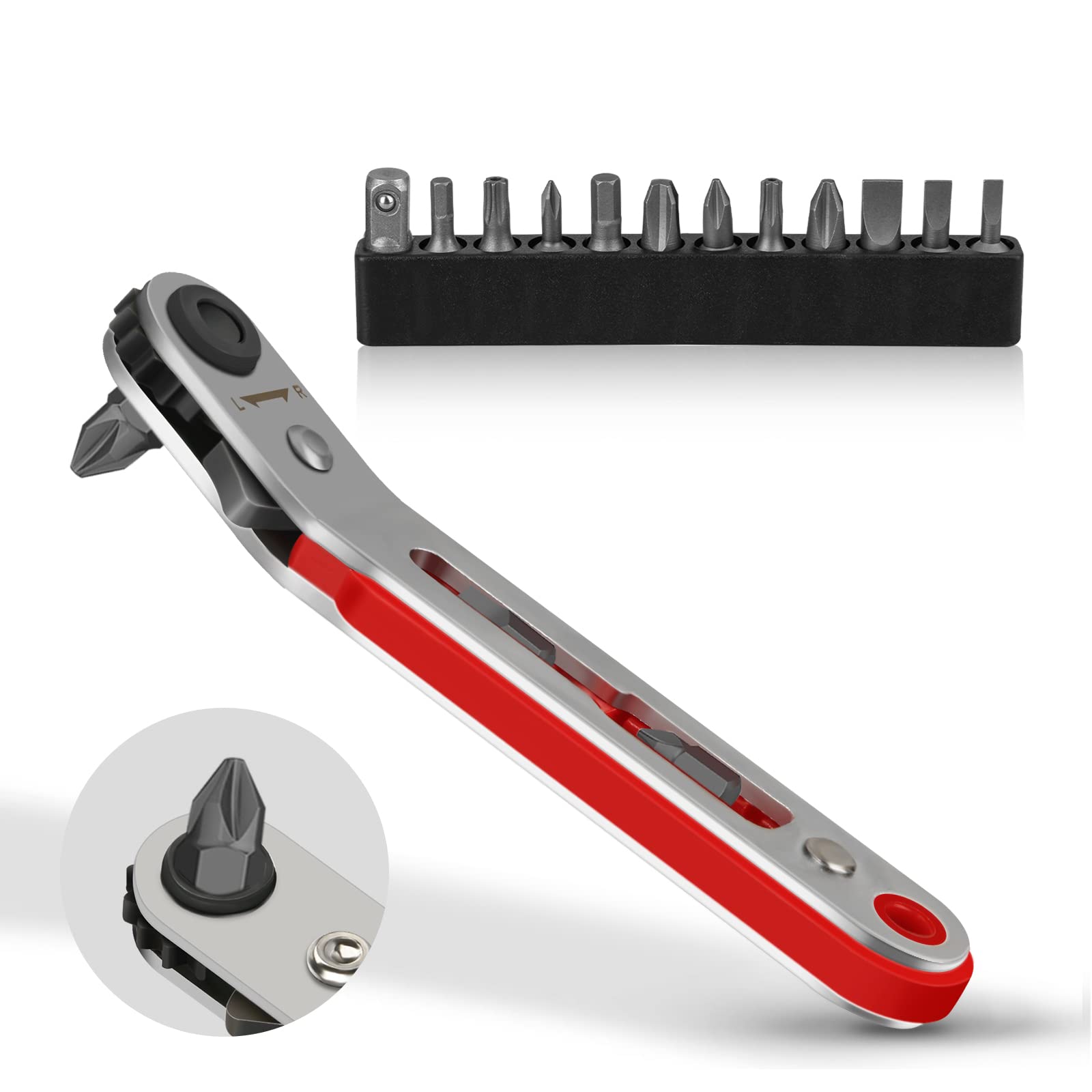 Hakkin 15PCS Ratchet Wrench Screwdriver Set 1/4” Hex Shank Magnetic Screwdrivers Bits Close Quarters Ratcheting Screwdriver Offset Mini Ratchet Wrench Set with Phillips, Slotted, Hex, Torx
