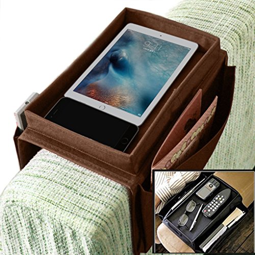 Sofa Armrest Organiser with Cup Holder Tray 6 Pockets TV Remote Control Organizer Sofa Couch Armchair Caddy Organiser Tidy Pocket Hanging Storage Bag Holder for Cellphone Magazine Drinks Snacks(Brown)