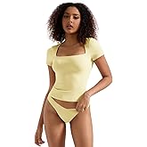 SUUKSESS Women Double Lined Fitted Basic Tee Square Neck Short Sleeve Y2K Crop Top