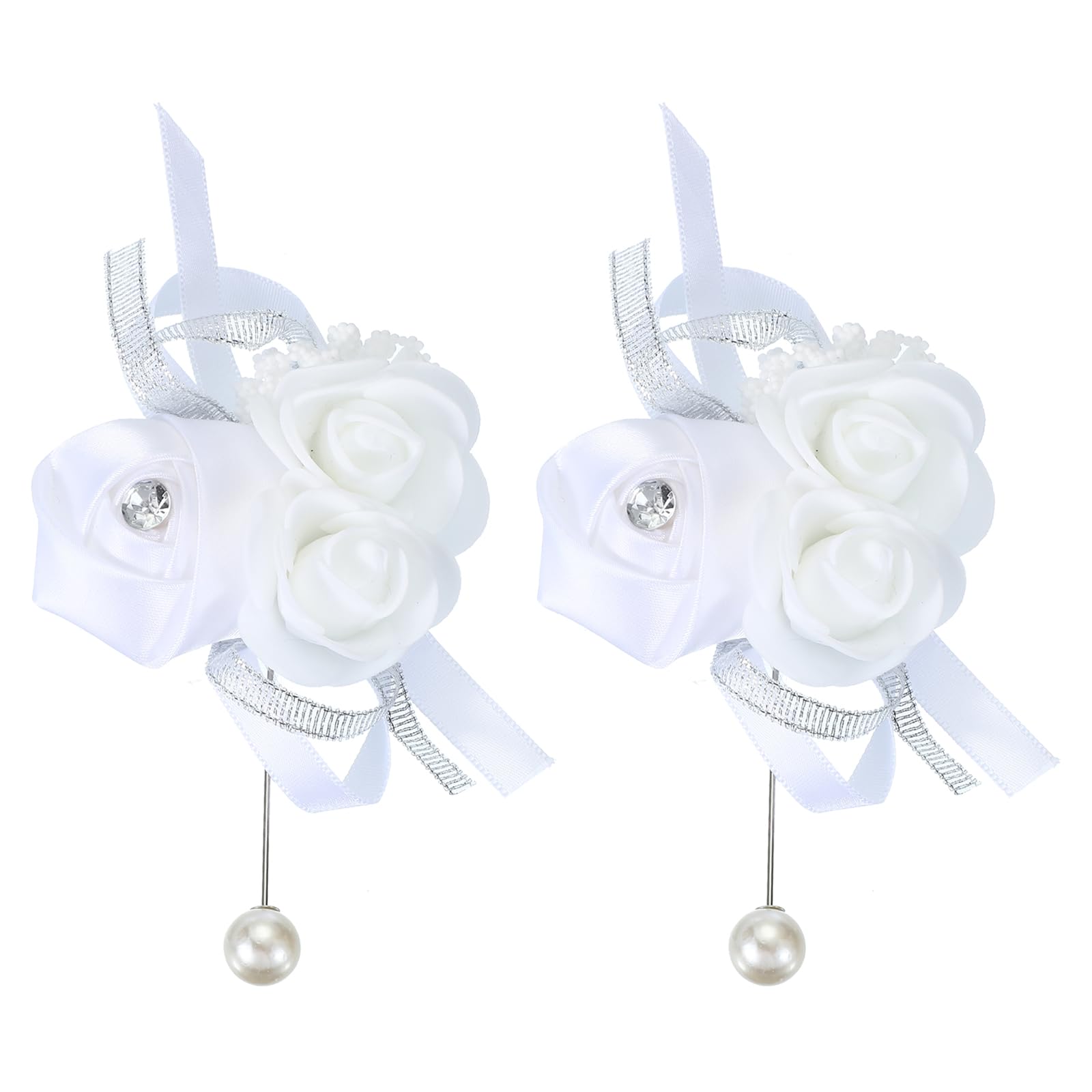 PATIKIL Wedding Boutonnieres, 2 Pcs Wedding Bridal Bridesmaid Mother of Bride and Groom Silk Rose Wrist Pearls Flowers Ceremony Anniversary Dinner Party Homecoming, White