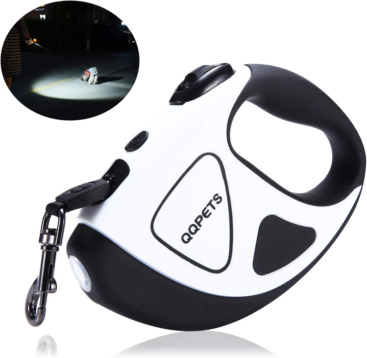 QQPETS Retractable Dog Leash with LED Flashlight for Small Medium Big Breed Dogs, 10/16 ft Extendable Leash, Heavy Duty 360°Tangle Free Nylon Cord Training Running (L (16 FT), Black and White)