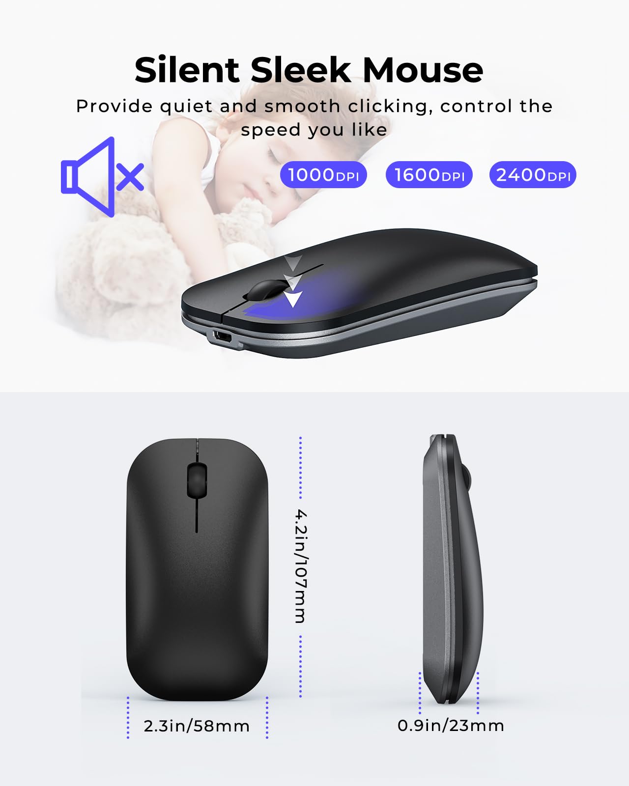 seenda Wireless Bluetooth Keyboard and Mouse Combo (USB + Dual BT), SKM64-3 Multi-Device Rechargeable Slim Keyboard and Mouse, Compatible for Win 7/8/10, MacBook Pro/Air, iPad, Tablet - Black Gray