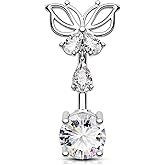OUFER Belly Button Rings, Butterfly Belly Rings, 316L Surgical Steel Navel Rings, Clear CZ Belly Piercing Jewelry, Dangle Belly Rings For Women Men