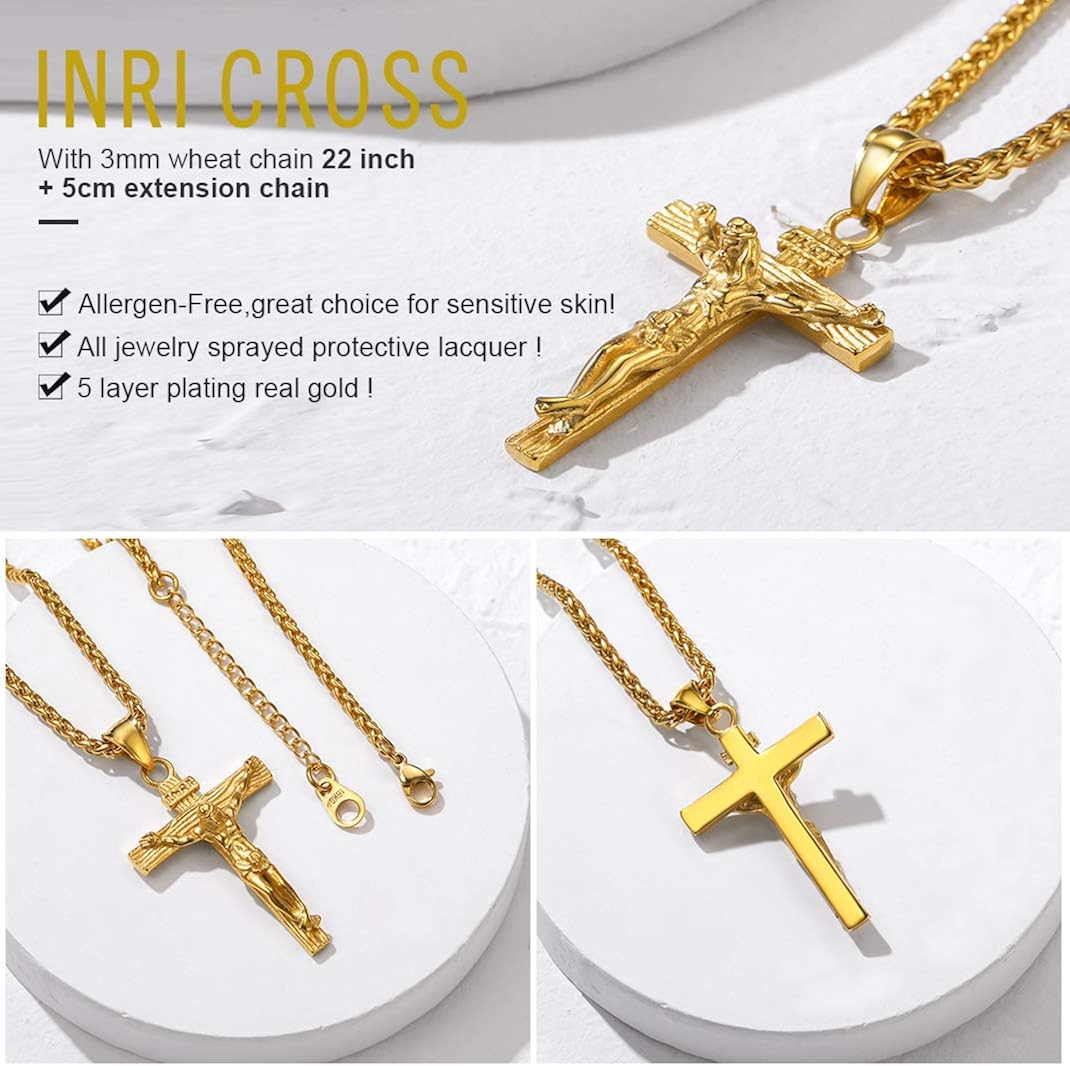 GOLDCHIC JEWELRY Gold Crucifix Necklace for Men Women Jesus Cross Pendant INRI with Gold Chain, Gold INRI Cross, 55 - Image 5