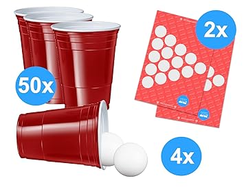 TK Gruppe Timo Klingler Beer Pong Set - 50x rote Trinkbecher Beer Pong Cups Plastikbecher Partybecher Becher Bierpong Bier Po