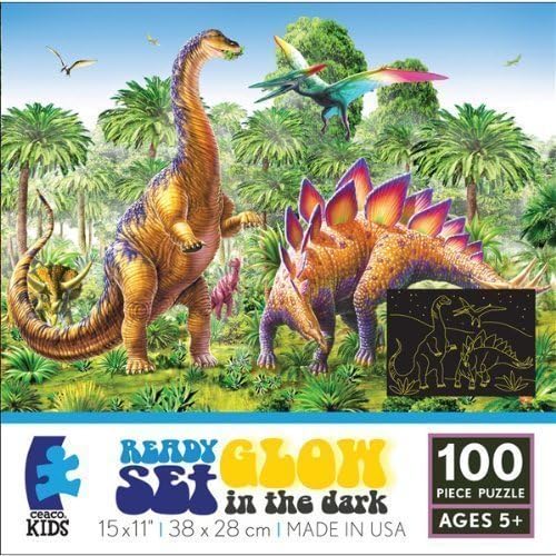 READY SET GLOW IN THE DARK DINOS - Brontosaurus, Pterodactyls and Stegosaurus Puzzle 100 Piece GLOW IN THE DARK Puzzle