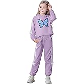 AMCLOS Girl Outfit Sets 5-14 Years Kids Clothes Cute Butterfly Long Sleeve Pullover Hooded Crop Tops+Sweatpant Set Fall