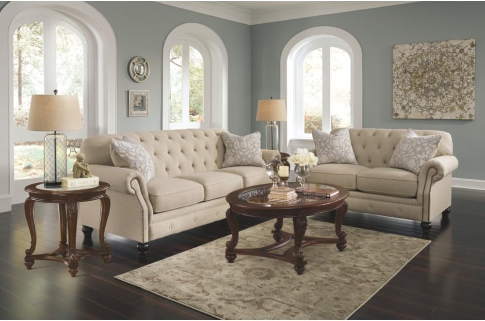 Signature Design by Ashley - Norcastle Traditional Glass Top Oval Coffee Table, Dark Brown - Table & Chair Sets