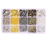 A Box(1600pcs/Box) 5 colors 350 Pcs Iron Fold Over Cord Ends Cord Tips Crimp Cord End With Loop for Leather 6mm and 100 Pcs Lobster Clasps 12mm and 1150 Pcs Jump Rings 5mm For Jewelry Making Findings