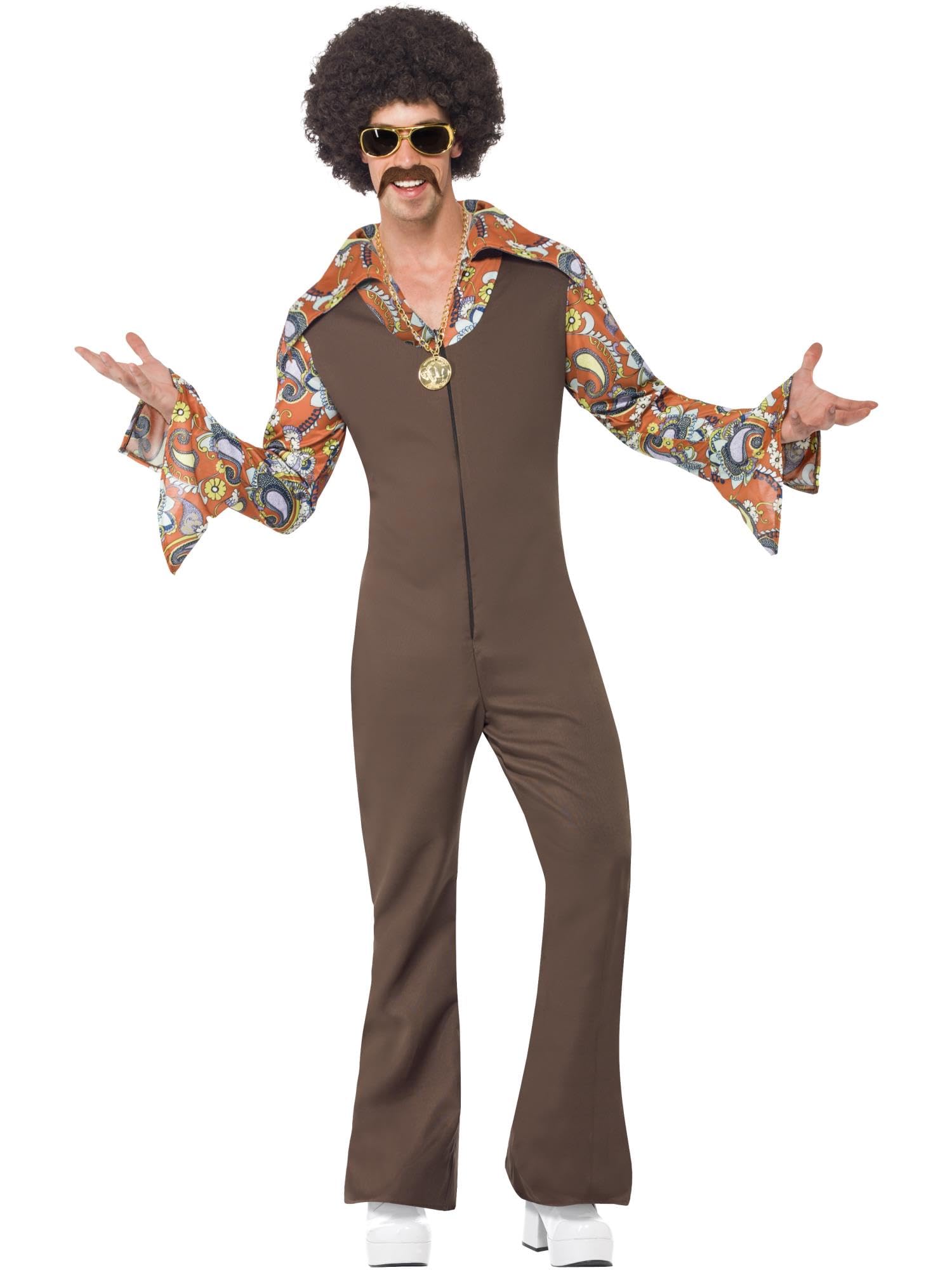 Smiffys Groovy Boogie Costume, Brown Jumpsuit with Attached Shirt, 1970's Disco Fancy Dress, Adult Dress Up Costumes
