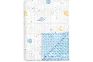 SANDJEST Outer Space Baby Blankets for Boys, Soft Nursery Minky Blankets with Muslin and Dotted Fleece Back 30x40 inches, Receiving Bed Quilt for Newborn, Infants, Toddlers