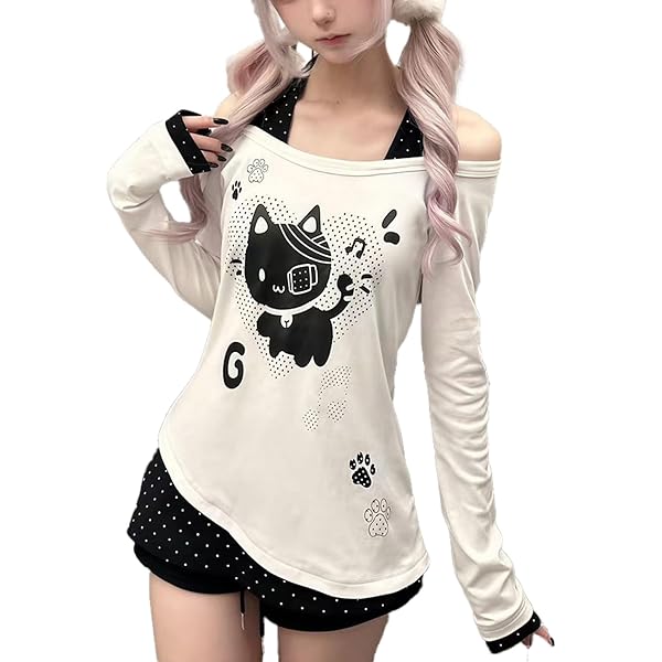GOTHPICKUS Women Y2K Off Shoulder Strap T-Shirts Cute Graphic GOTHPICKUS Women Y2K Off Shoulder Strap T-Shirts Cute Graphic