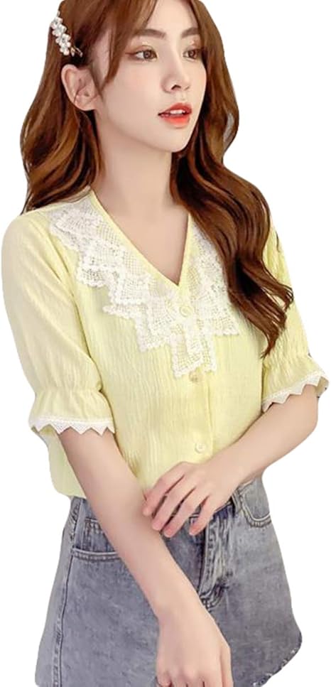 Ptorシャツ レディース シフォン ブラウス 半袖 Vネック レース柄 きれいめ トップス カジュアル可愛い 夏服 白ブラウス 通学 通勤 シャツ ブラウス 通販 Amazon