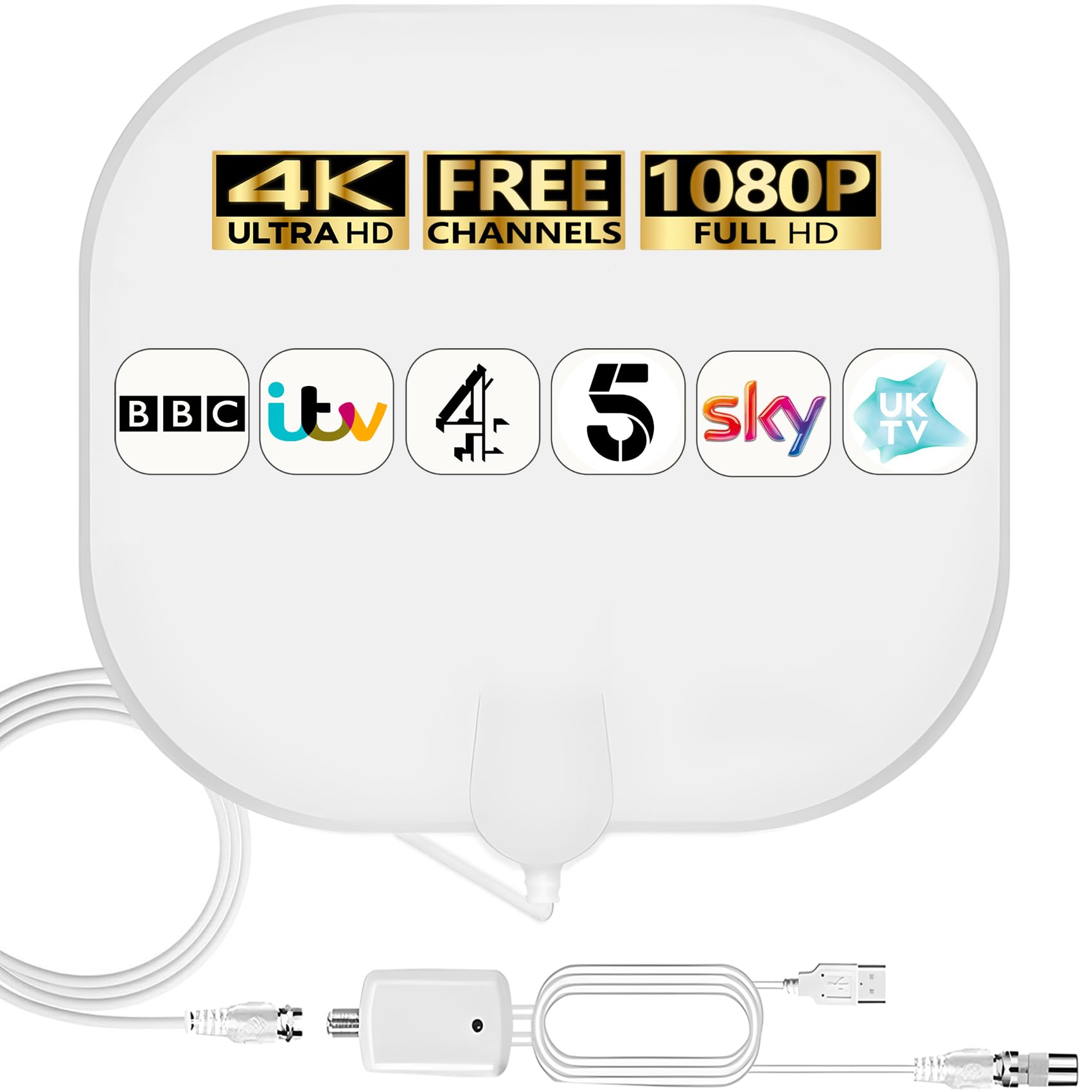 TV Aerial Indoor - 4K HD Amplified Digital Aerials for Local Channels - 360° Long Reception Antenna with Signal Booster Support All Types TV