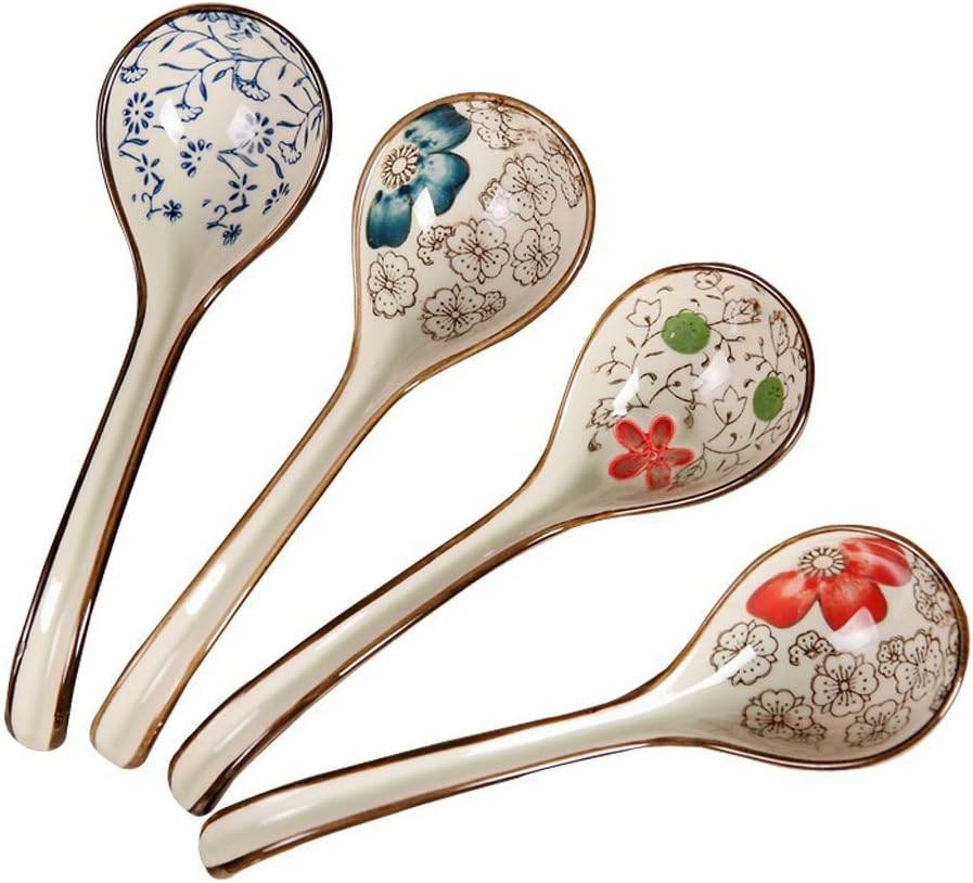 Pretty Hand-printed Ceramic Spoons with Comfortable size for Eating Soups,Set of 4 Long handle Hook Spoon Soup Spoon Hand-crafted Tableware