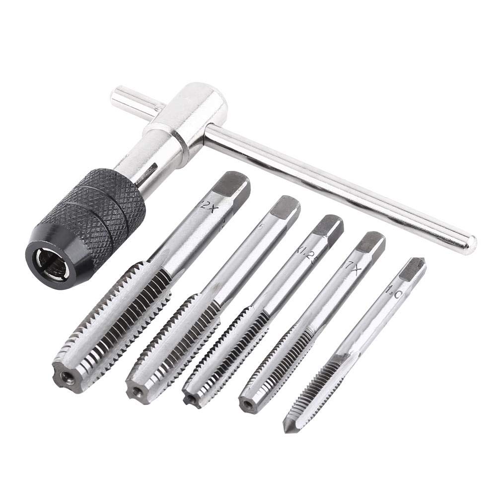 Screw Tap, 6PCS/Set M6-M12 Screw Tap & T-shaped Wrench Threading Tapping Hand Tool Kit for Hand Tapping Operation-1 piece T-shaped Tap Wrench and 5 pieces Taps