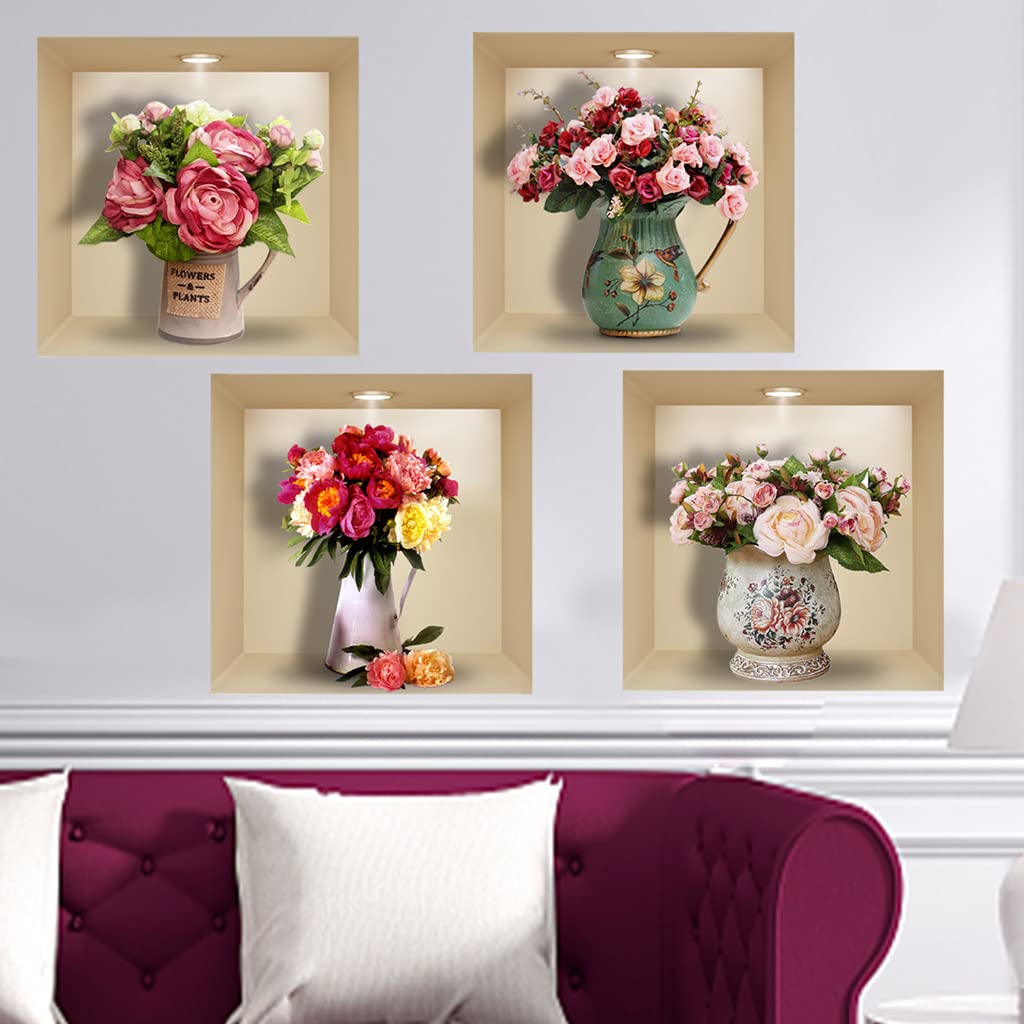 Buer Homie Wall Stickers for Livingroom Bedroom, Potted Flowers, 3D, 4pcs