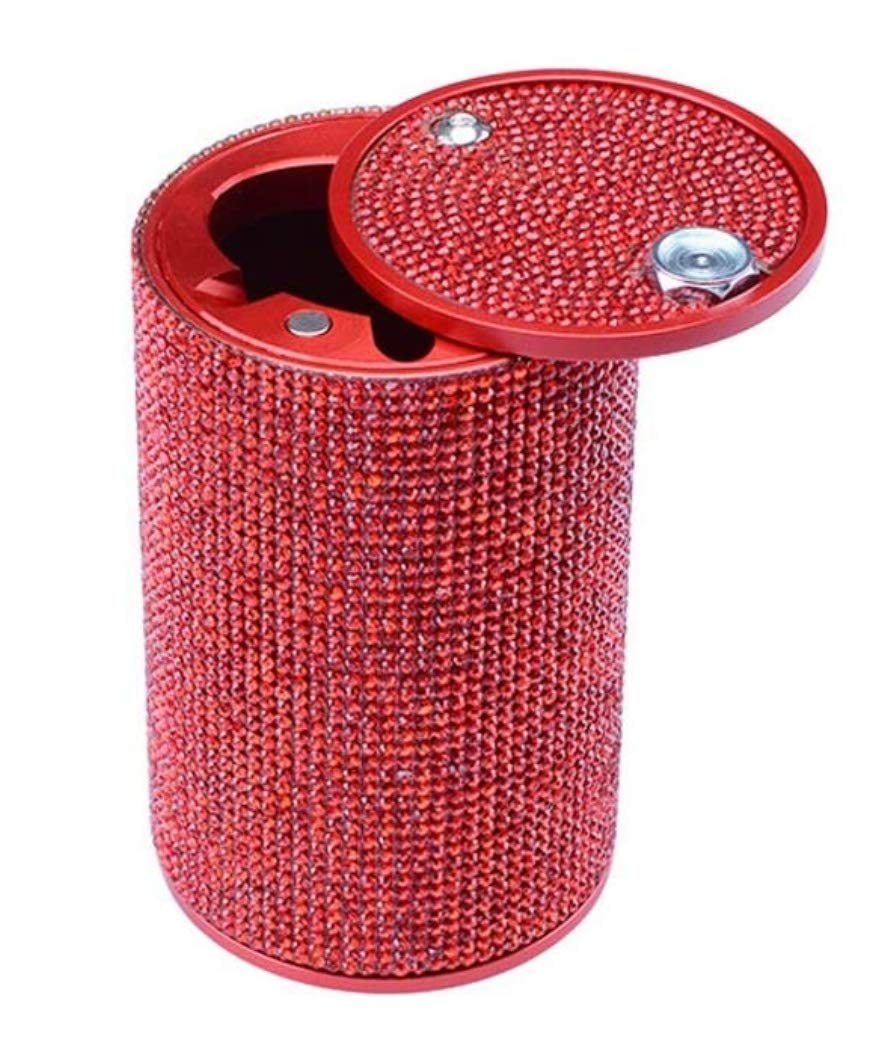 Aluminum Red Car Ashtray Crystal Diamond Cigarette Smokeless Cup Holder Fireproof Stainless Lid for Car Women Home Office