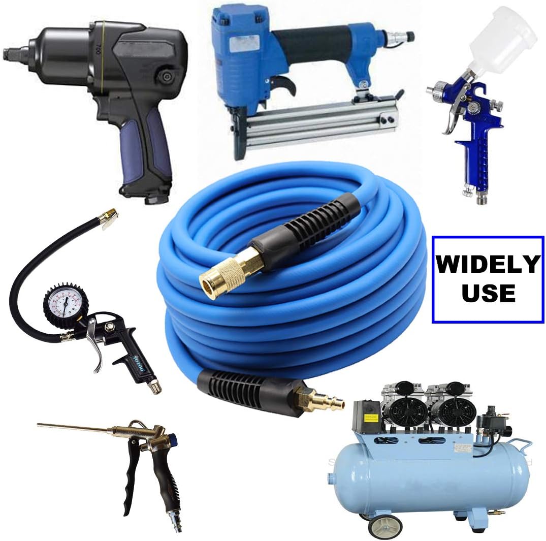 YOTOO Hybrid Air Hose 1/4-Inch by 25-Feet 300 PSI Heavy Duty, Lightweight, Kink Resistant, All-Weather Flexibility with 1/4-Inch Industrial Quick Coupler Fittings, Bend Restrictors, Blue - - 