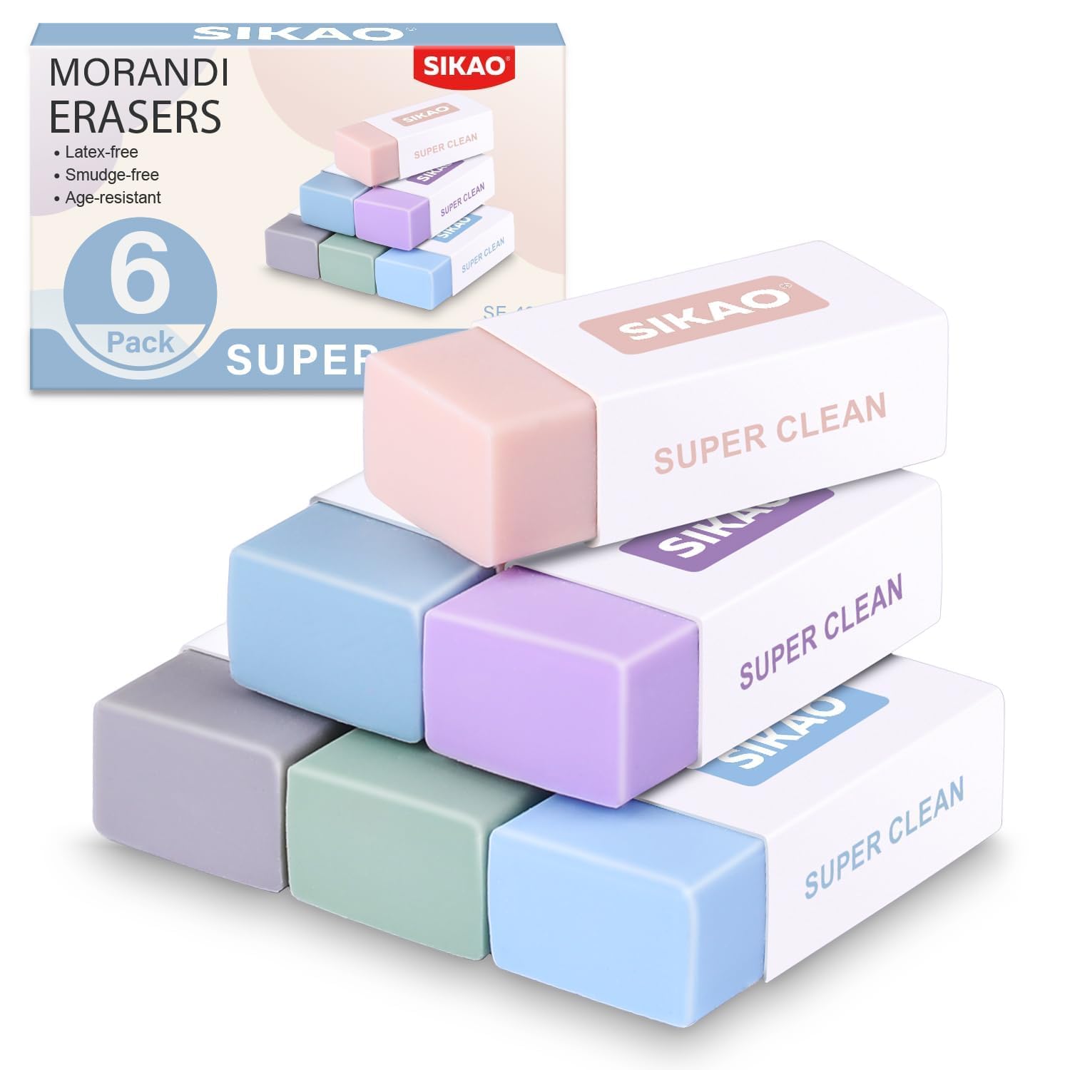 Morandi Erasers, 6 Pack Aesthetic Block Pencil Erasers – Soft Neutral Colors, Smudge-Free Latex-Free Erasers for School, Office, Journaling & Drawing