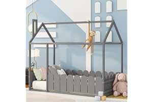Harper & Bright Designs House Twin Bed for Kids, Twin Size Bed with Roof and Fence, Wood Bed Frame for Kids, Teens, Girls & Boys, Easy Assembly (Gray)