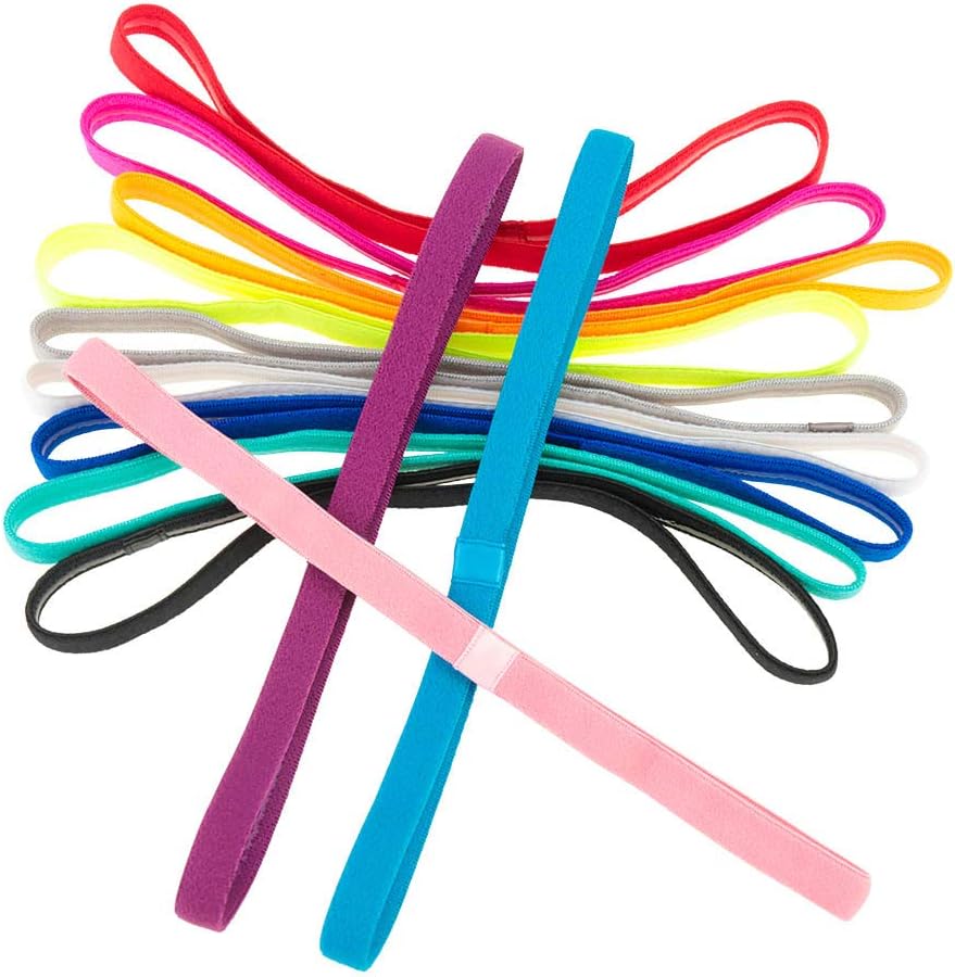fanshiontide 12 Pieces Elastic Fitness Headbands Thin Skinny Bands Thick Elastic Anti-slip Hairband for Women Girls Men Boys