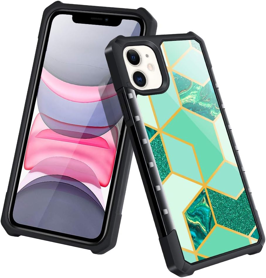 SOKAD iPhone 11 Case Green Geometric Marble, Heavy Duty