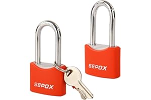 SEPOX® Twins 1-9/16" All-Weather Outdoor Padlocks Keyed Alike, Long Shackle, Solid Steel Lock, Heavy-Duty&Red Cover, Compact Design for Gate Fence Cabinet Toolbox School Gym Locker,with 2pcs Same Key