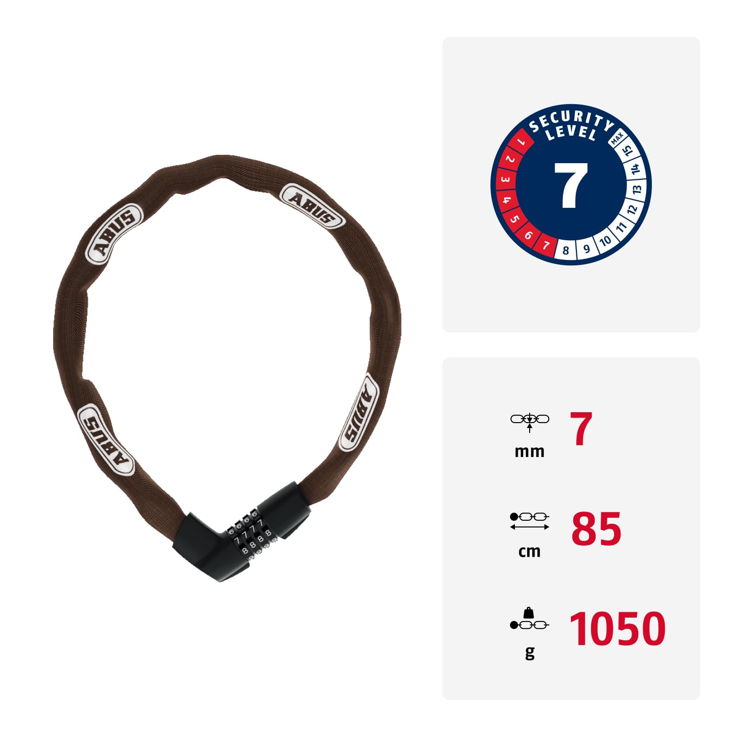 ABUS Kettenschloss Tresor 1385 – Zahlenschloss aus gehärtetem Stahl – 7 mm starke Vierkantkette – ABUS-Sicherheitslevel 7 – 85 cm – Braun 2