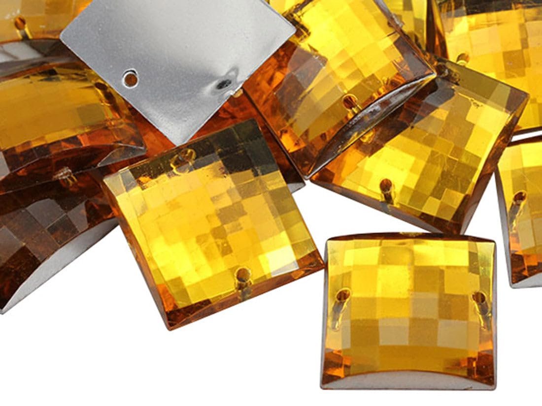 Allstarco 12mm Gold Topaz CH16 Square Flat Back Sew On Beads for Crafts Plastic Acrylic Rhinestones with Holes for Sewing, Clothing Embelishments, Costume Cosplays 60 Pieces