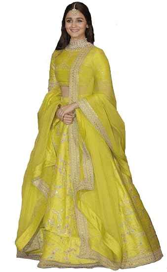 Womens Silk Lehenga Choli (YF-77, Lime Green, 40 W x 30 L)