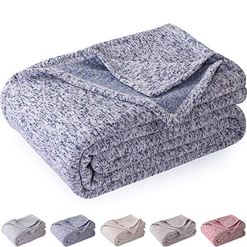 kawahome Original Knit Blanket (King Size, Blue and White) Cozy Reversible Gradient Jersey Knitted Blanket Soft Lightweight Large Heather Blanket Quilt for Bed or Couch/Sofa, Easy Care