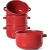 LE TAUCI Soup Bowls with Handles - 28 oz Lead-Free Ceramic French Onion Crocks, Oven and Microwave Safe, Heat-Resistant Design, Stackable, Dishwasher Safe, Set of 4, Red